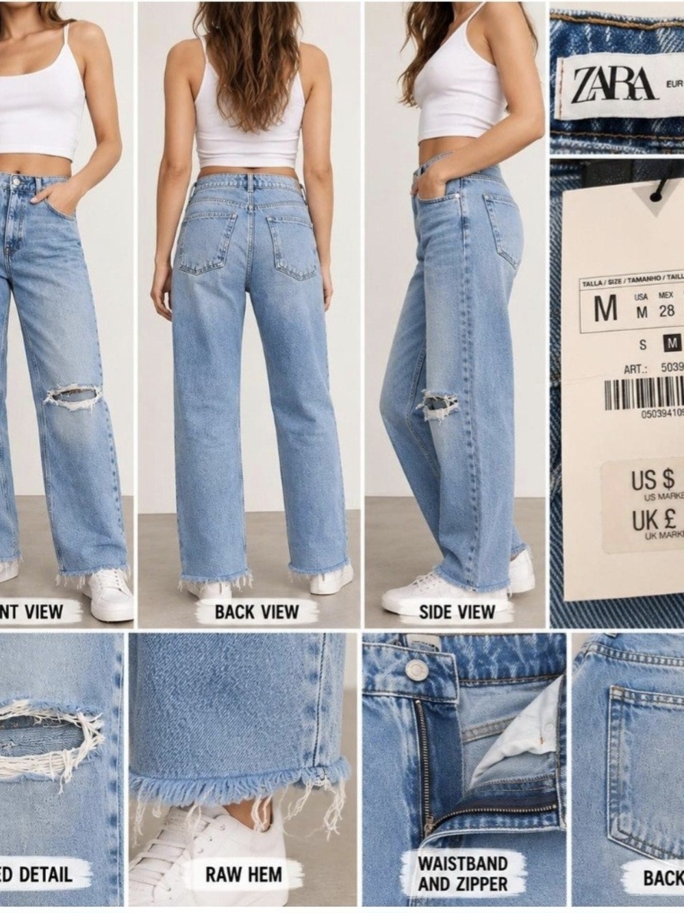 Zara Light Blue Flare Wide-Leg Jeans with Distressed Knee